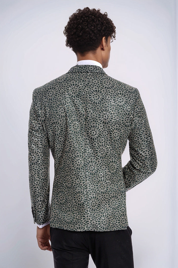 Blazer de fiesta para hombre con estampado de flores bordadas en verde - Wessi