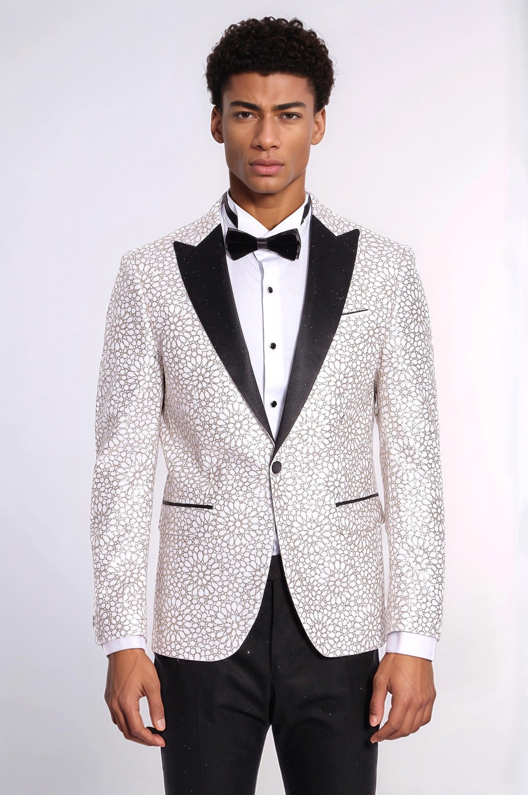 Blazer de fiesta para hombre blanco con estampado de flores bordadas - Wessi