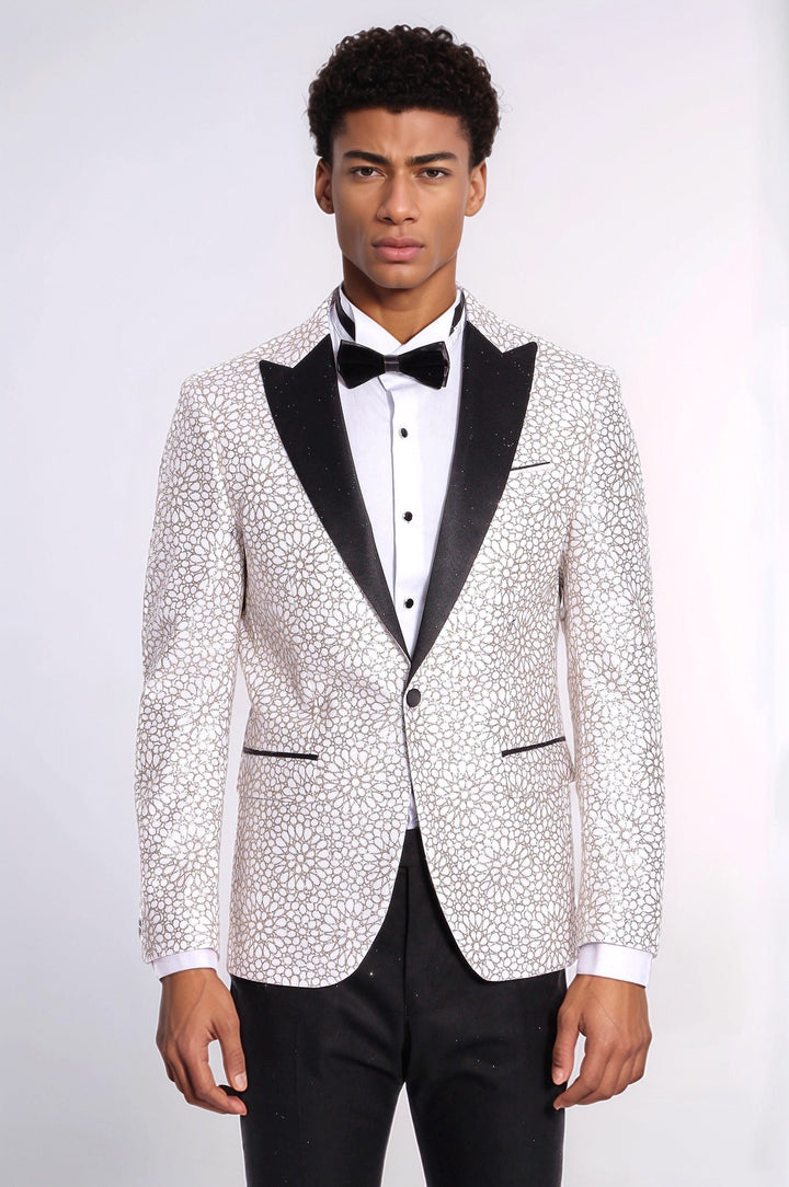 Blazer de fiesta para hombre blanco con estampado de flores bordadas - Wessi