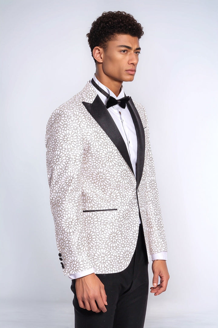 Blazer de fiesta para hombre blanco con estampado de flores bordadas - Wessi