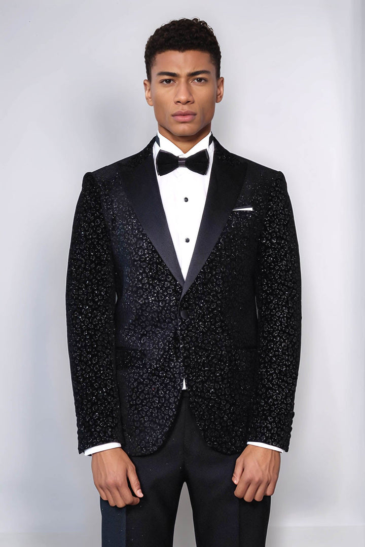 Leopard Pattern Slim Fit Black Men Prom Blazer - Wessi