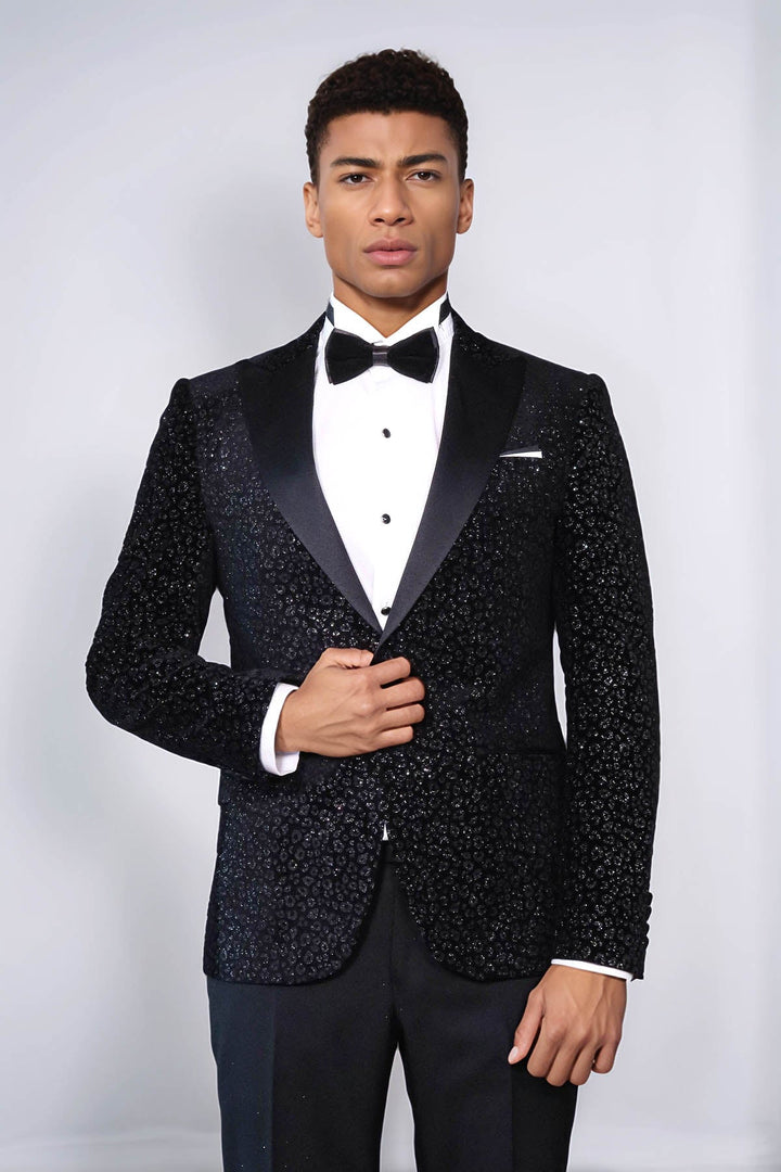 Leopard Pattern Slim Fit Black Men Prom Blazer - Wessi