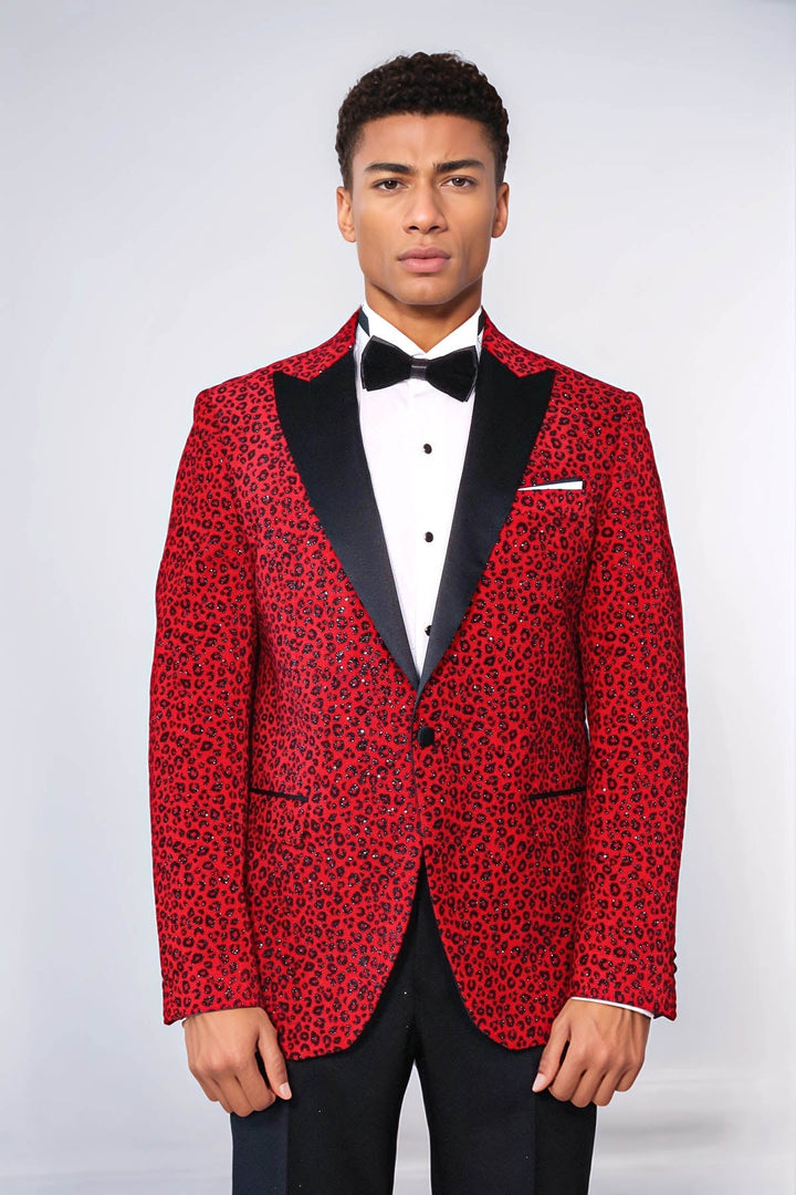 Blazer de fiesta para hombre en color burdeos con solapa de pico y corte entallado con estampado de leopardo