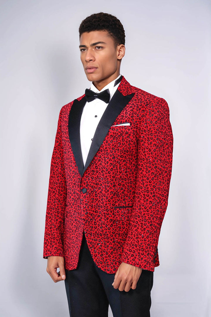 Blazer de fiesta para hombre en color burdeos con solapa de pico y corte entallado con estampado de leopardo