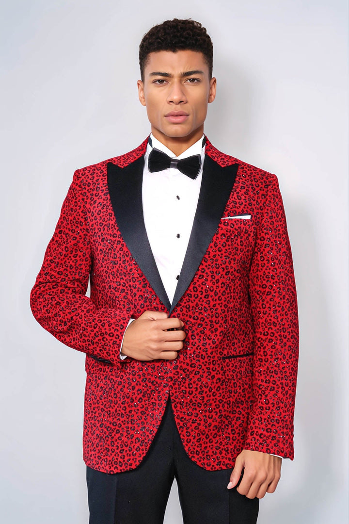 Blazer de fiesta para hombre en color burdeos con solapa de pico y corte entallado con estampado de leopardo