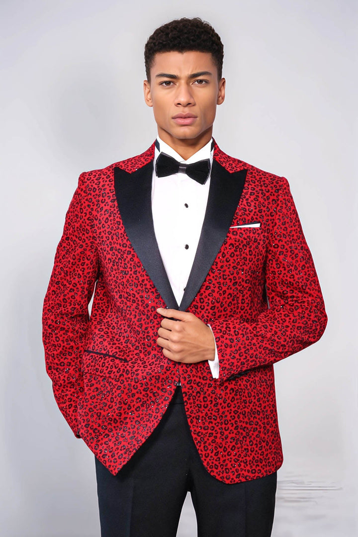 Blazer de fiesta para hombre en color burdeos con solapa de pico y corte entallado con estampado de leopardo