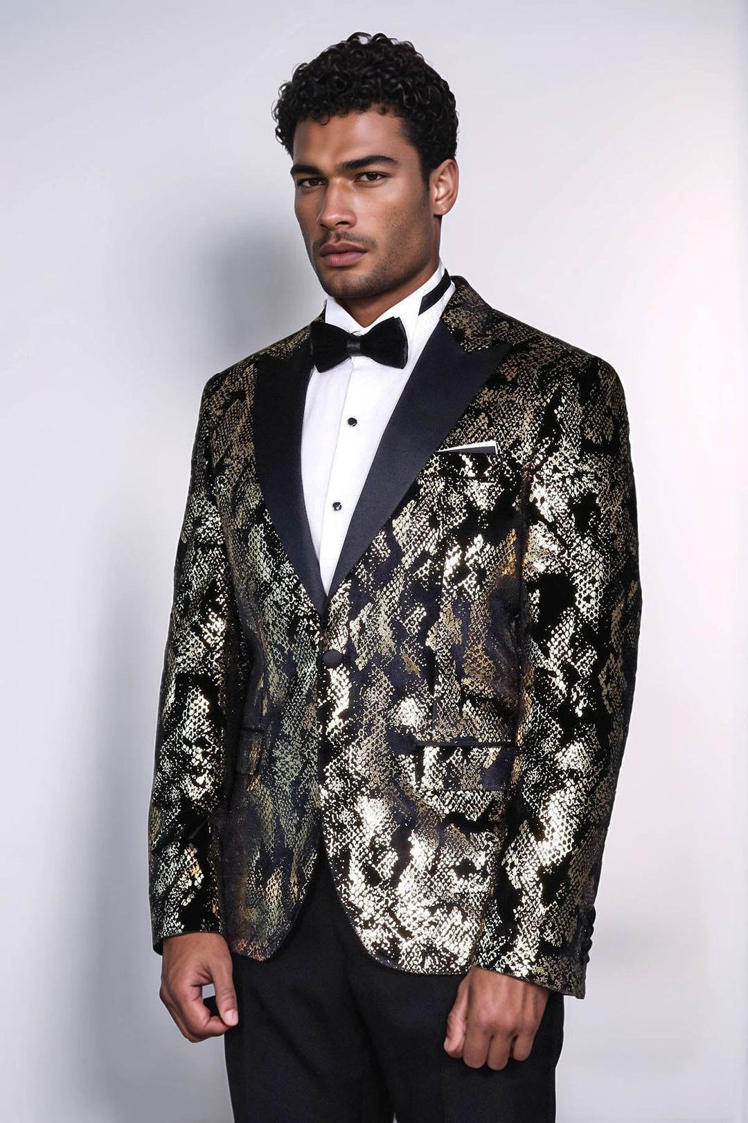 Peak Lapel Slim Fit Gold Patterned Black Men Prom Blazer