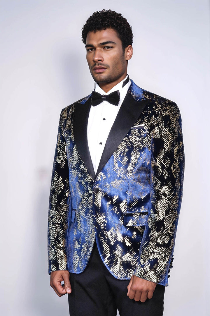 Blazer de fiesta para hombre azul marino con estampado dorado y corte entallado con solapa en pico