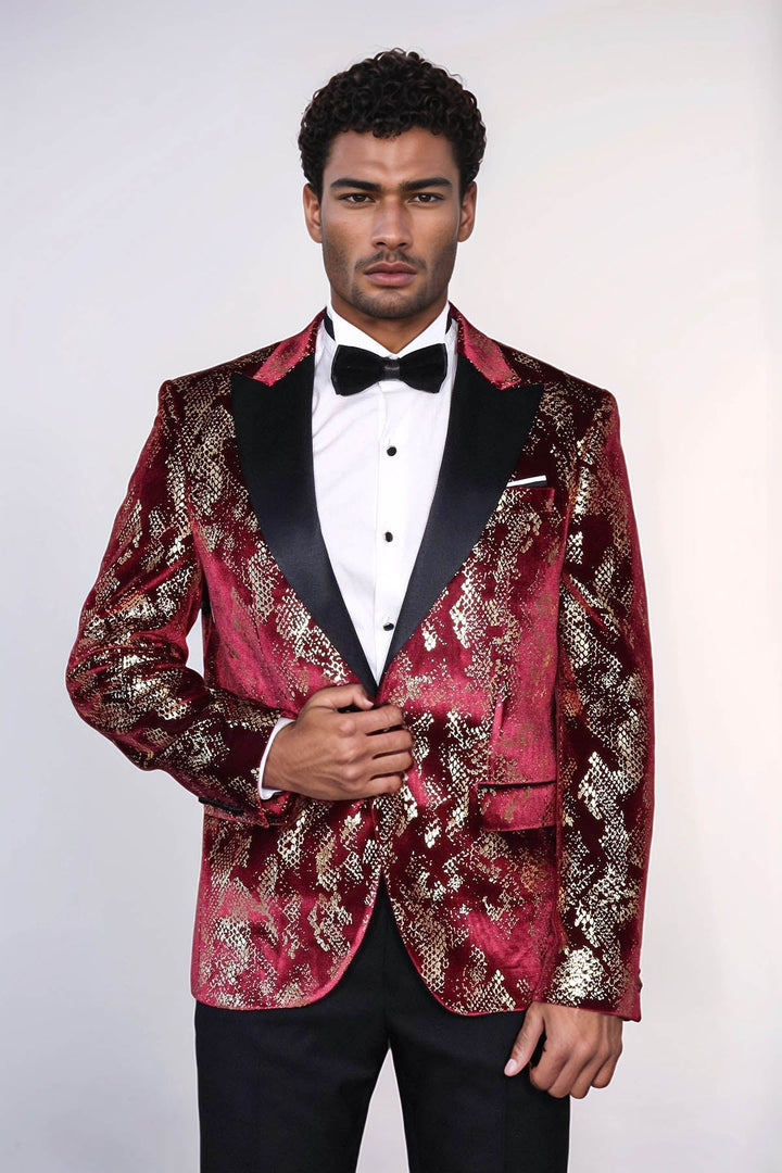 Blazer de fiesta para hombre en color burdeos con estampado dorado y corte entallado con solapa en pico
