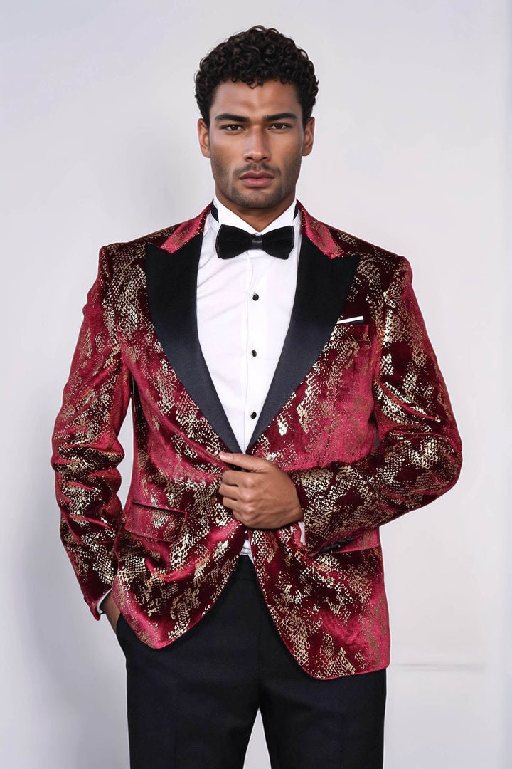 Blazer de fiesta para hombre en color burdeos con estampado dorado y corte entallado con solapa en pico