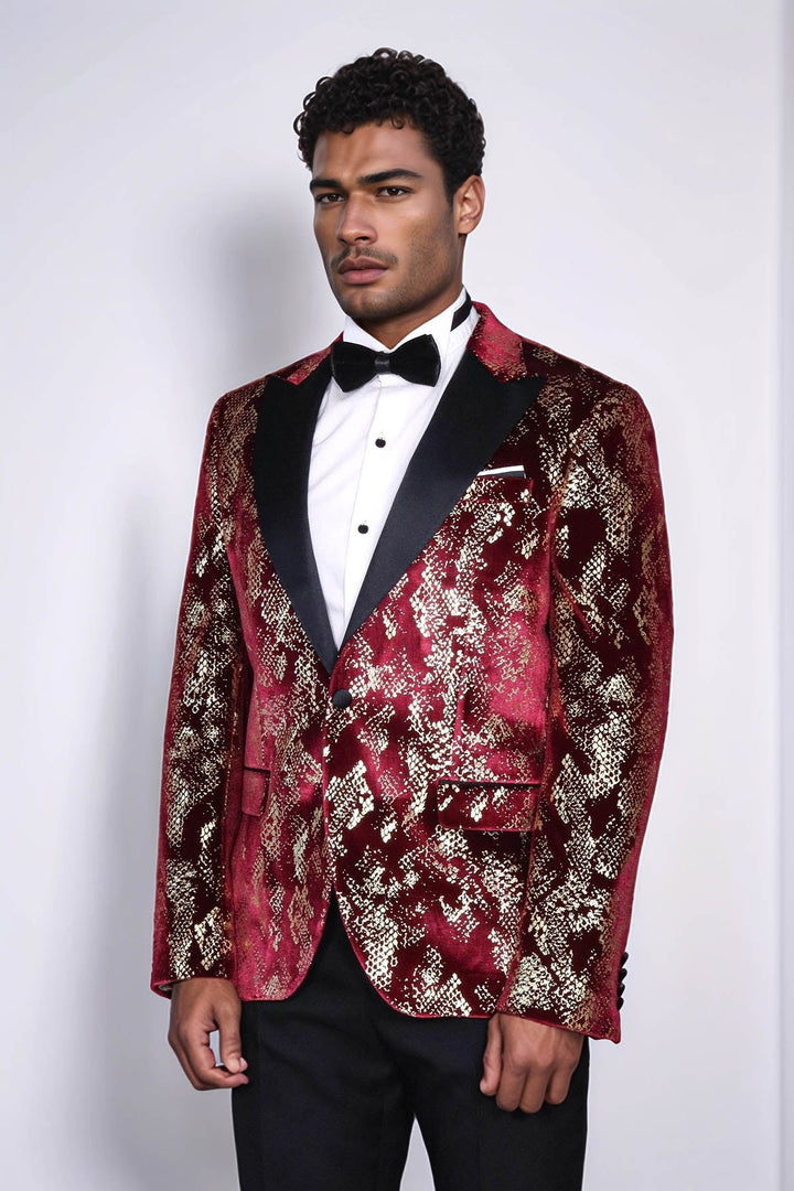 Blazer de fiesta para hombre en color burdeos con estampado dorado y corte entallado con solapa en pico