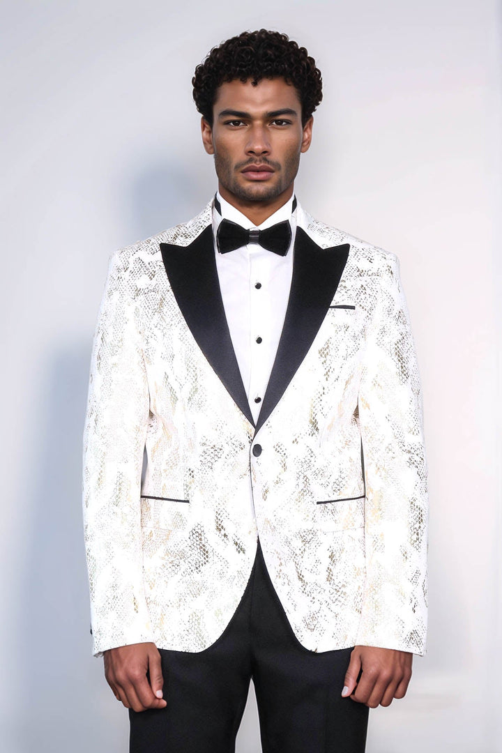 Peak Lapel Slim Fit Gold Patterned White Men Prom Blazer