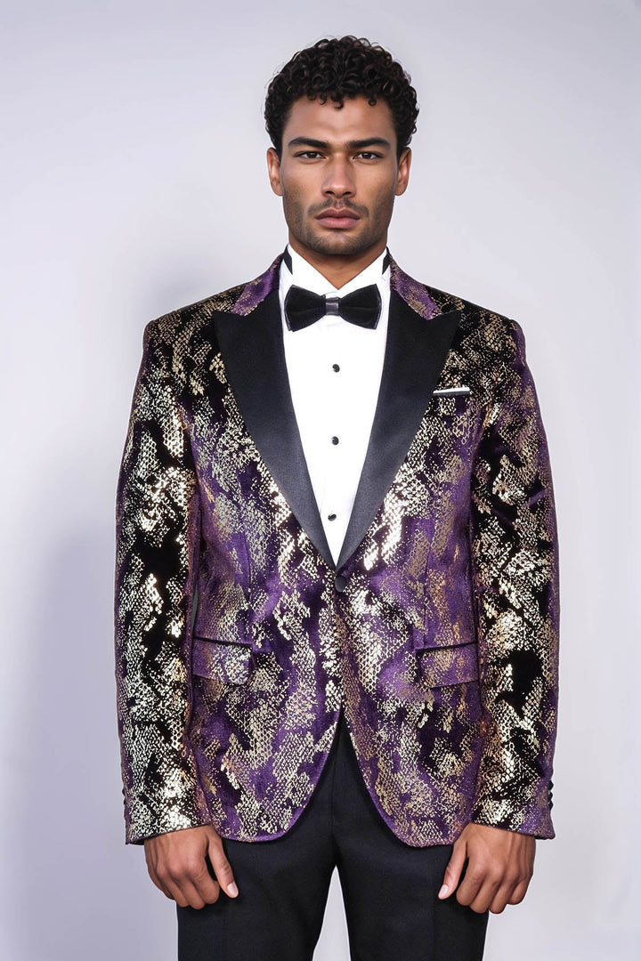 Blazer de fiesta para hombre entallado con solapa en pico, estampado dorado y morado