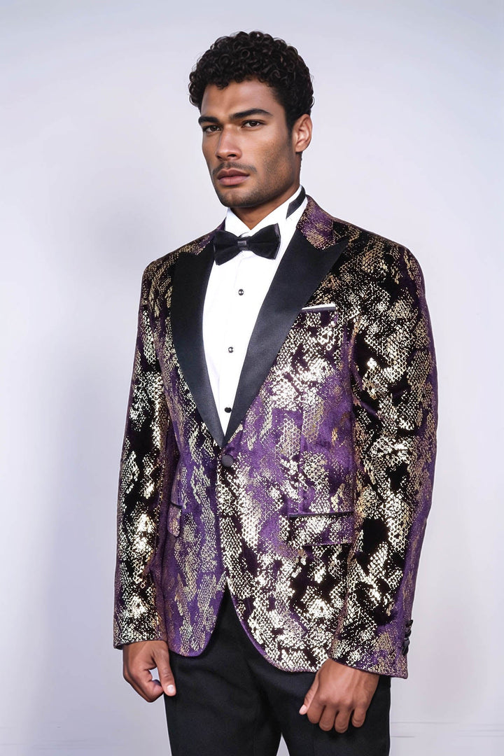 Blazer de fiesta para hombre entallado con solapa en pico, estampado dorado y morado