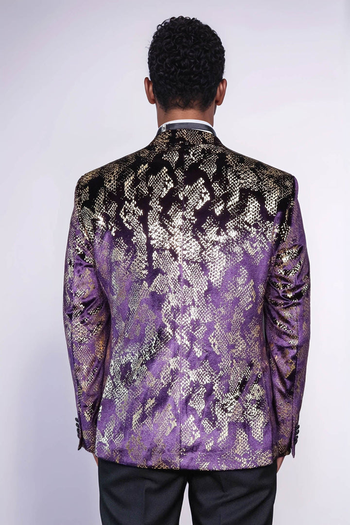 Blazer de fiesta para hombre entallado con solapa en pico, estampado dorado y morado