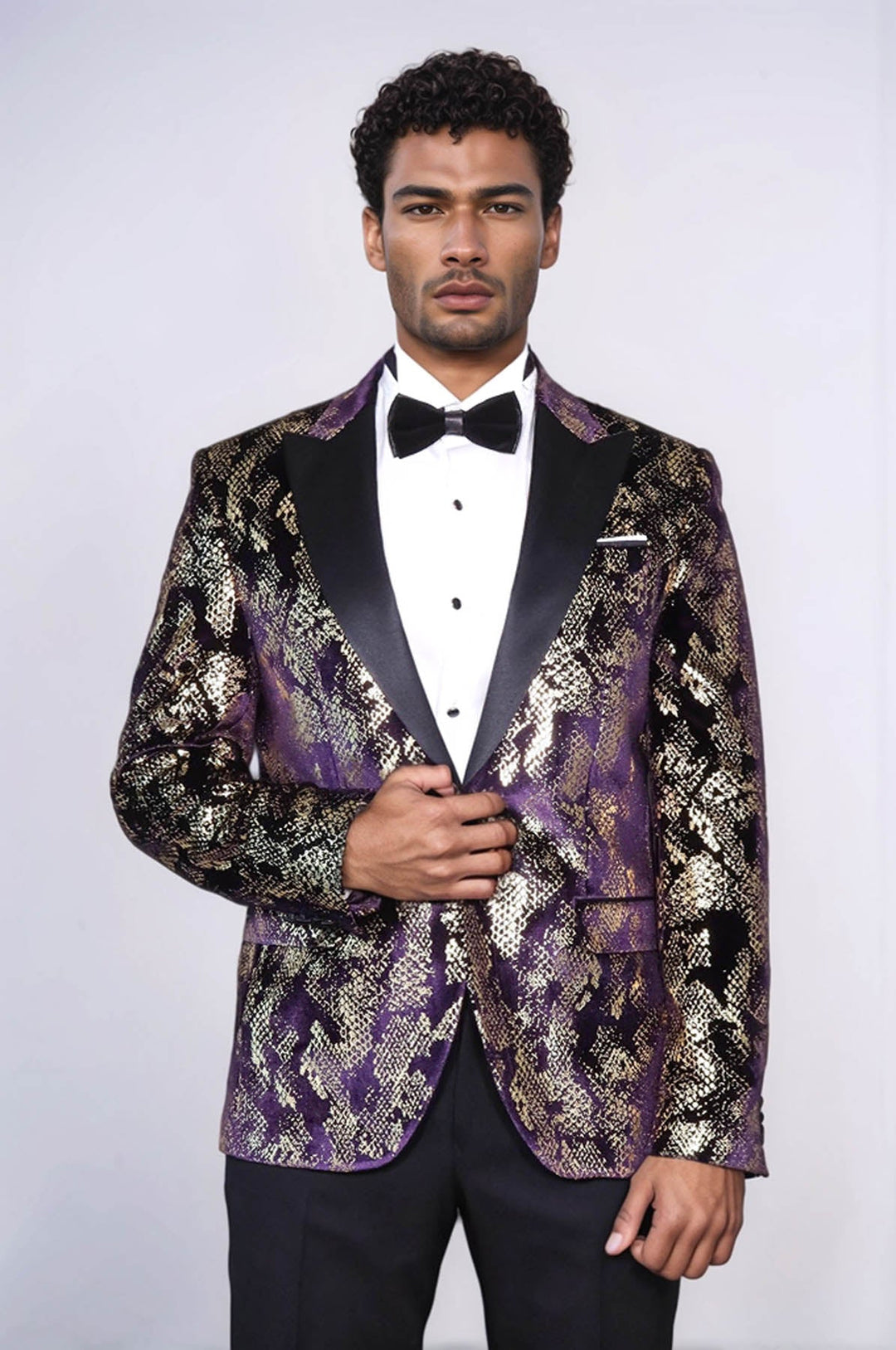 Blazer de fiesta para hombre entallado con solapa en pico, estampado dorado y morado