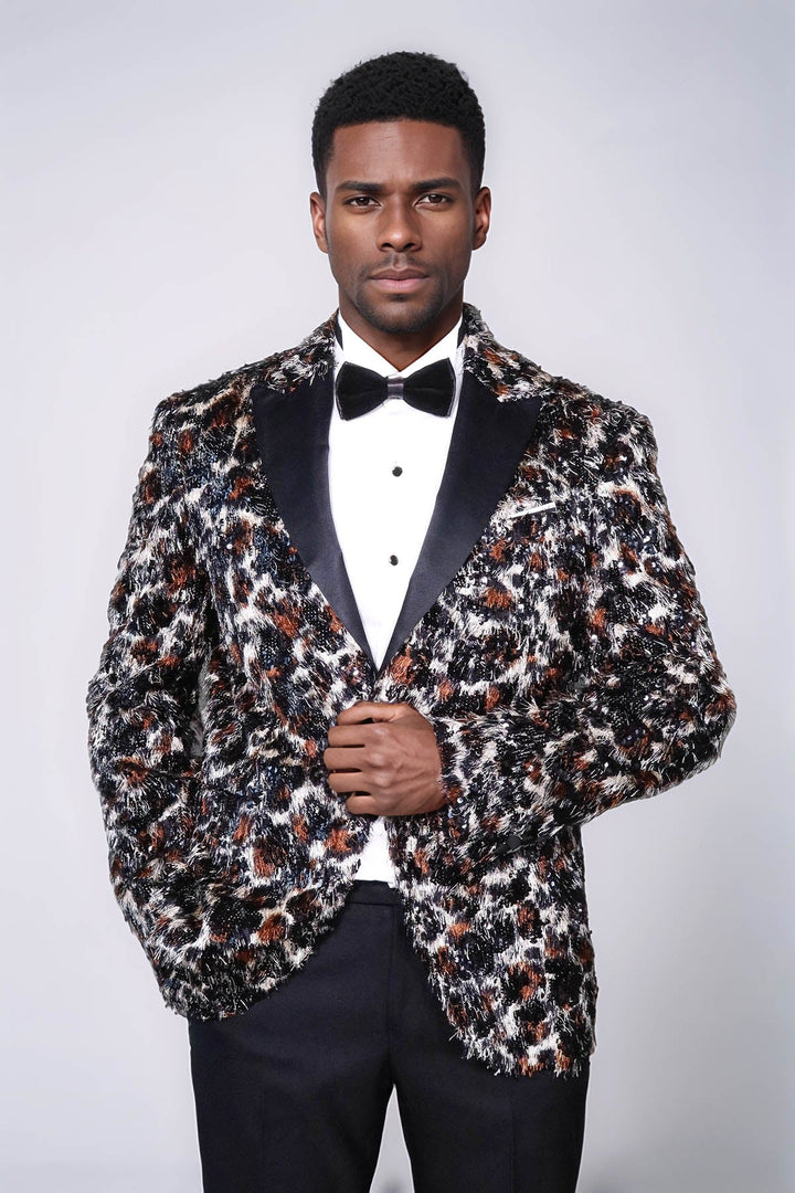 White and Black Feather Patterned Men's Prom Jacket - Wessi