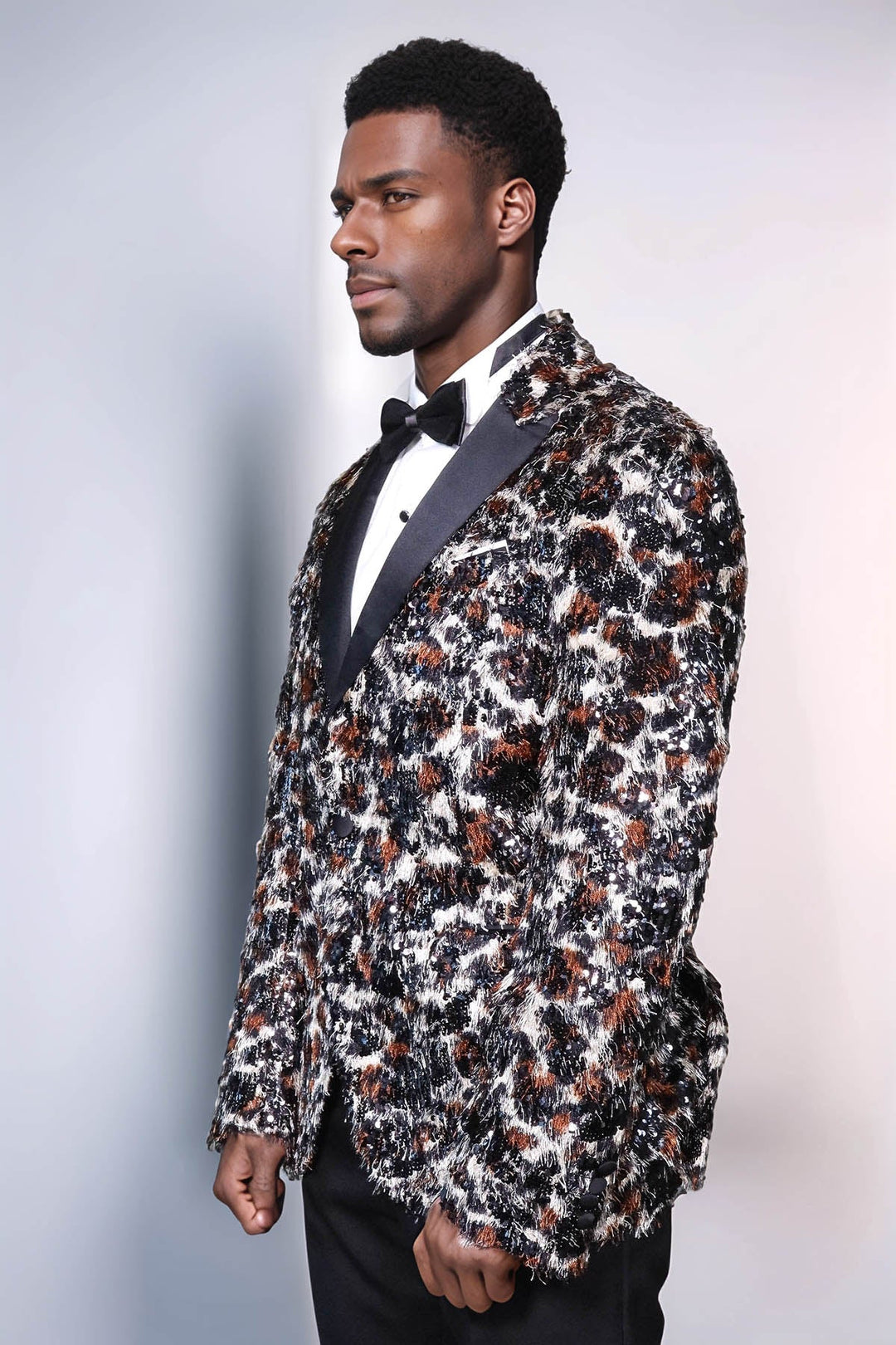 White and Black Feather Patterned Men's Prom Jacket - Wessi