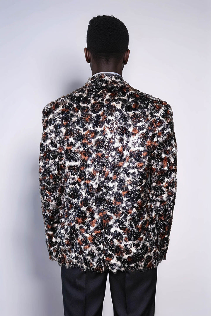 White and Black Feather Patterned Men's Prom Jacket - Wessi