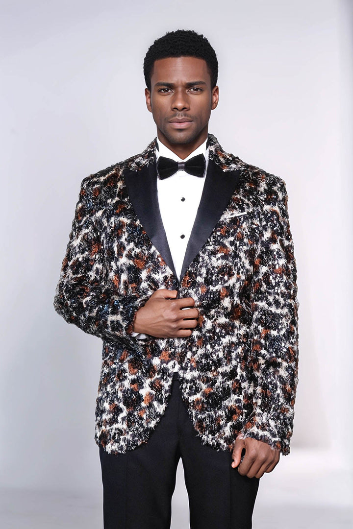 White and Black Feather Patterned Men's Prom Jacket - Wessi