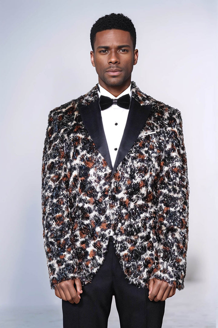White and Black Feather Patterned Men's Prom Jacket - Wessi