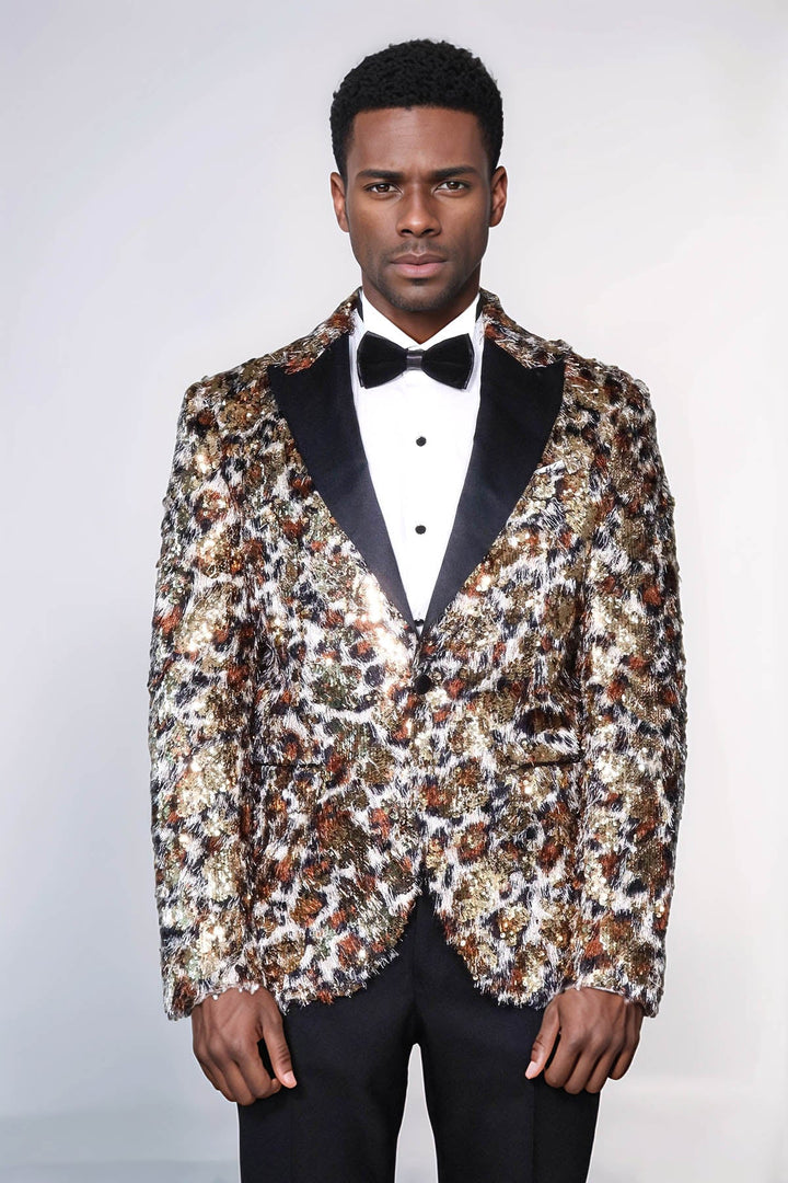 White and Gold Feather Patterned Men's Prom Jacket - Wessi