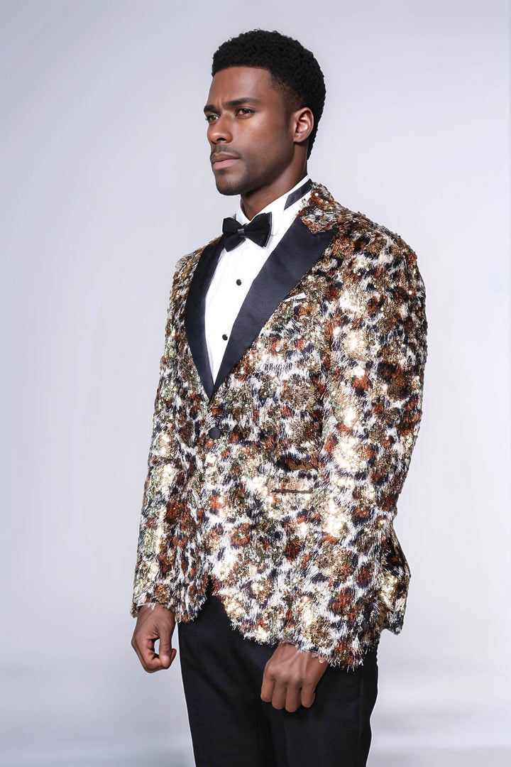 White and Gold Feather Patterned Men's Prom Jacket - Wessi