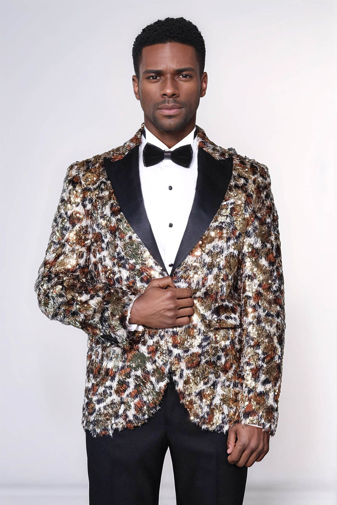 White and Gold Feather Patterned Men's Prom Jacket - Wessi