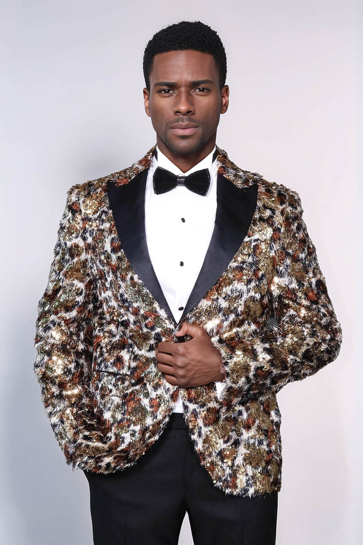 White and Gold Feather Patterned Men's Prom Jacket - Wessi