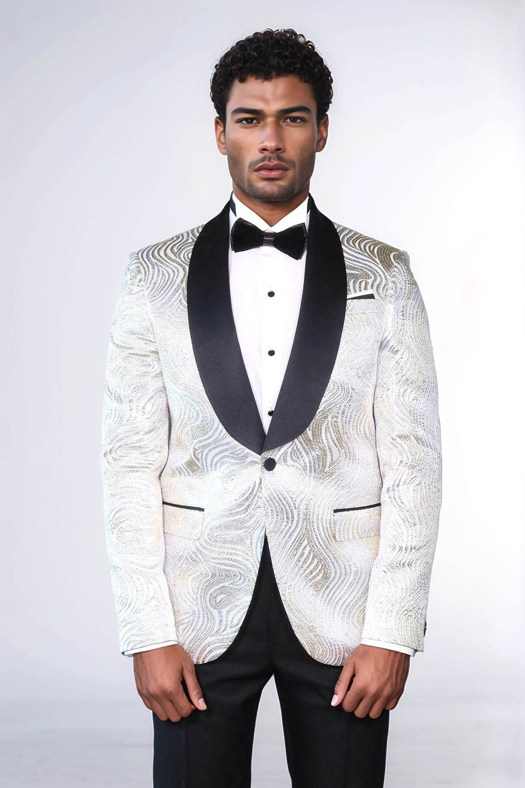 Gold Patterned Over White Men Prom Blazer - Wessi