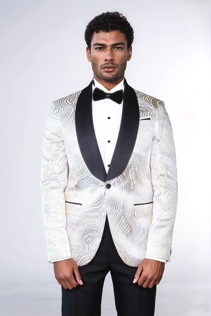 Gold Patterned Over White Men Prom Blazer - Wessi