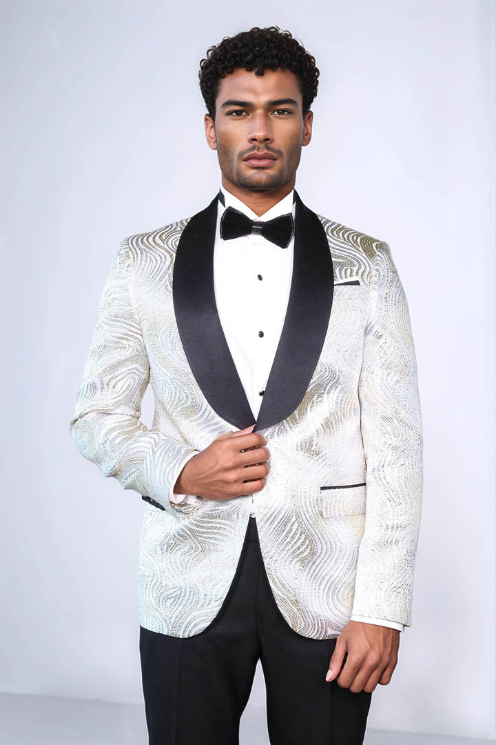 Gold Patterned Over White Men Prom Blazer - Wessi