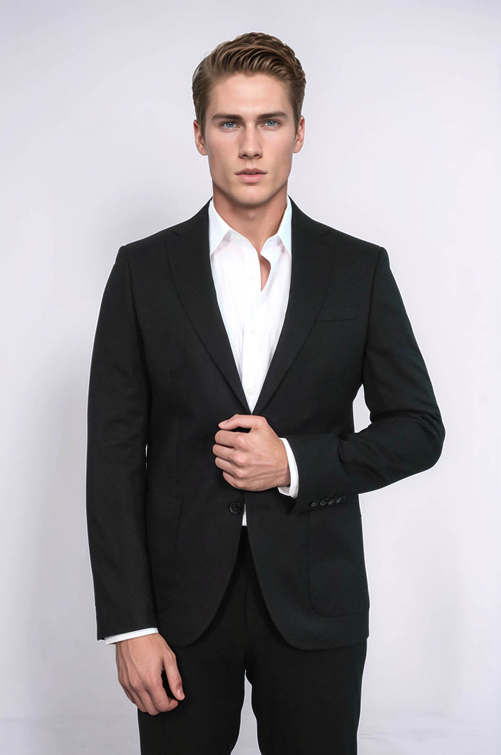 Blazer negro texturizado de corte entallado con solapa de pico para hombre - Wessi