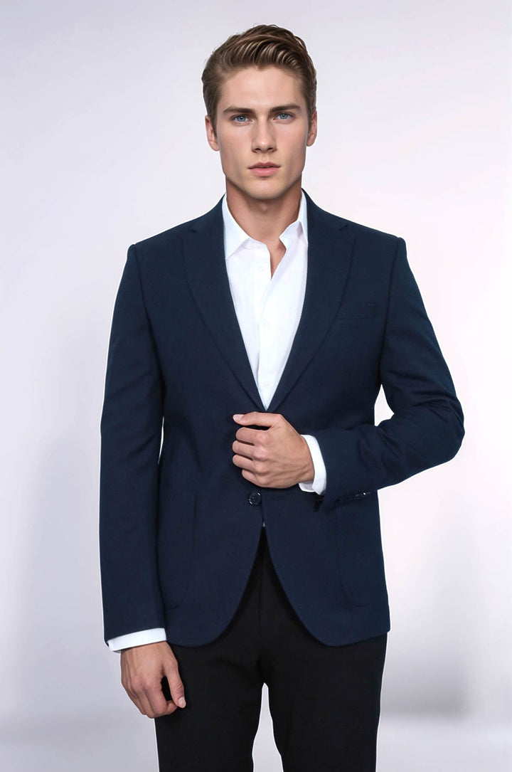 Blazer azul marino texturizado de corte entallado con solapa de pico para hombre - Wessi