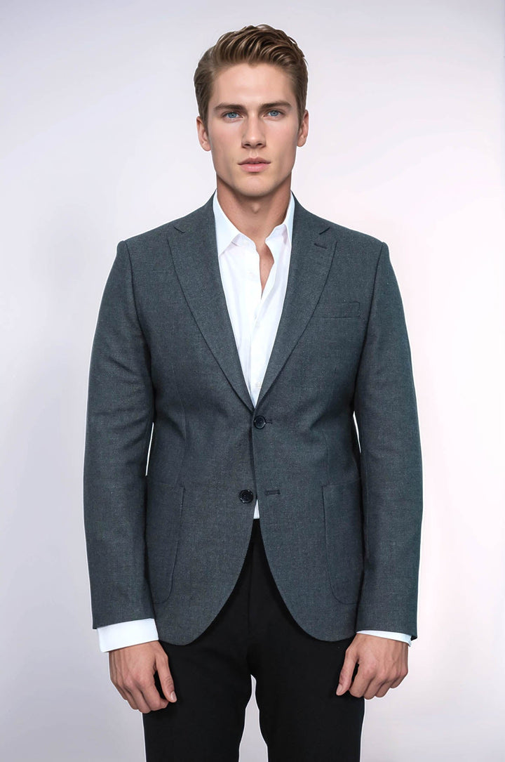 Blazer gris texturizado de corte entallado con solapa de pico para hombre - Wessi