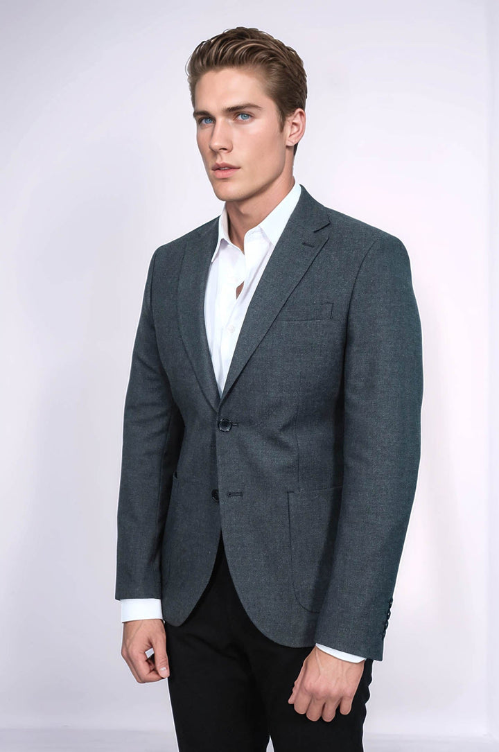 Blazer gris texturizado de corte entallado con solapa de pico para hombre - Wessi