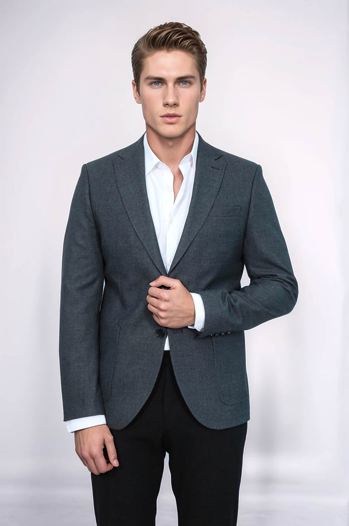 Blazer gris texturizado de corte entallado con solapa de pico para hombre - Wessi