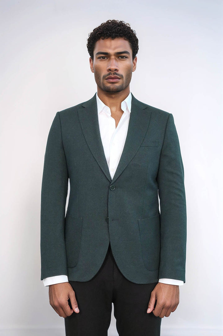 Blazer verde texturizado de corte entallado con solapa de pico para hombre - Wessi