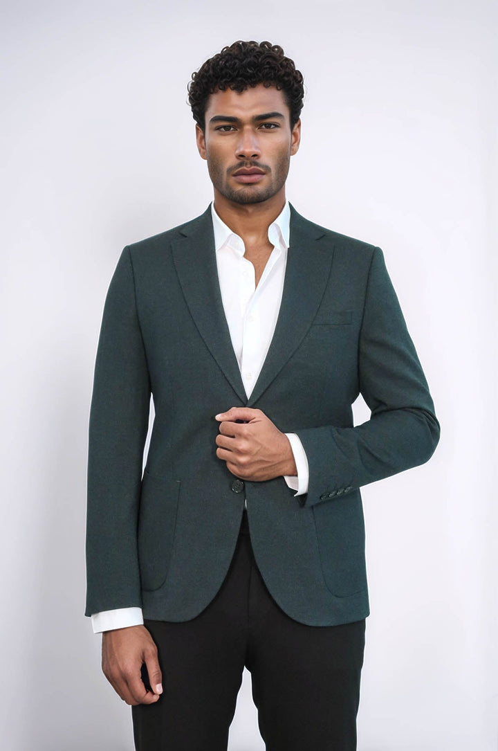 Blazer verde texturizado de corte entallado con solapa de pico para hombre - Wessi