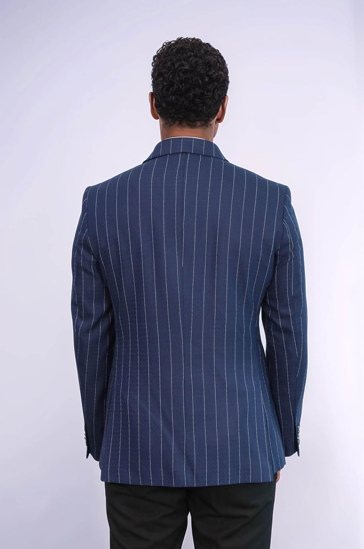 Blazer azul marino de rayas de corte entallado y cruzado para hombre - Wessi
