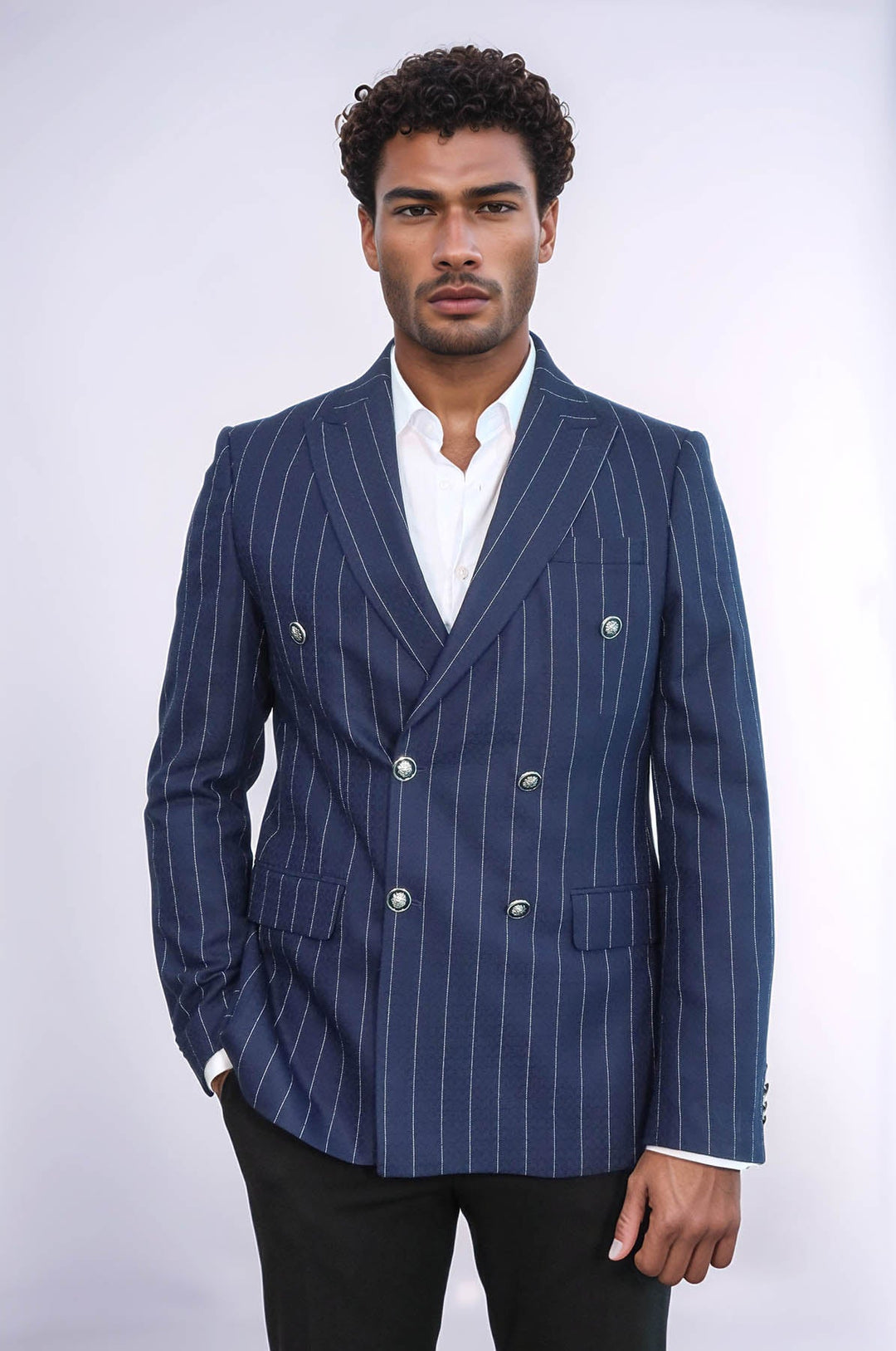 Blazer azul marino de rayas de corte entallado y cruzado para hombre - Wessi