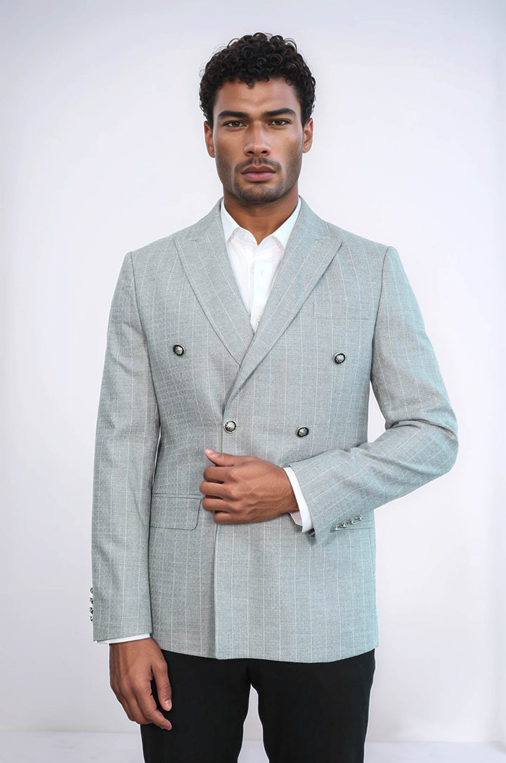 Blazer de rayas gris de corte entallado y cruzado para hombre - Wessi