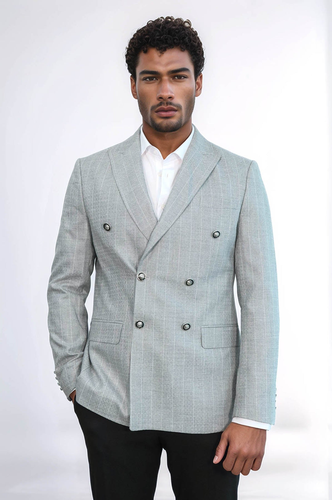 Blazer de rayas gris de corte entallado y cruzado para hombre - Wessi