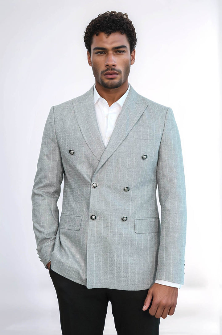 Blazer de rayas gris de corte entallado y cruzado para hombre - Wessi