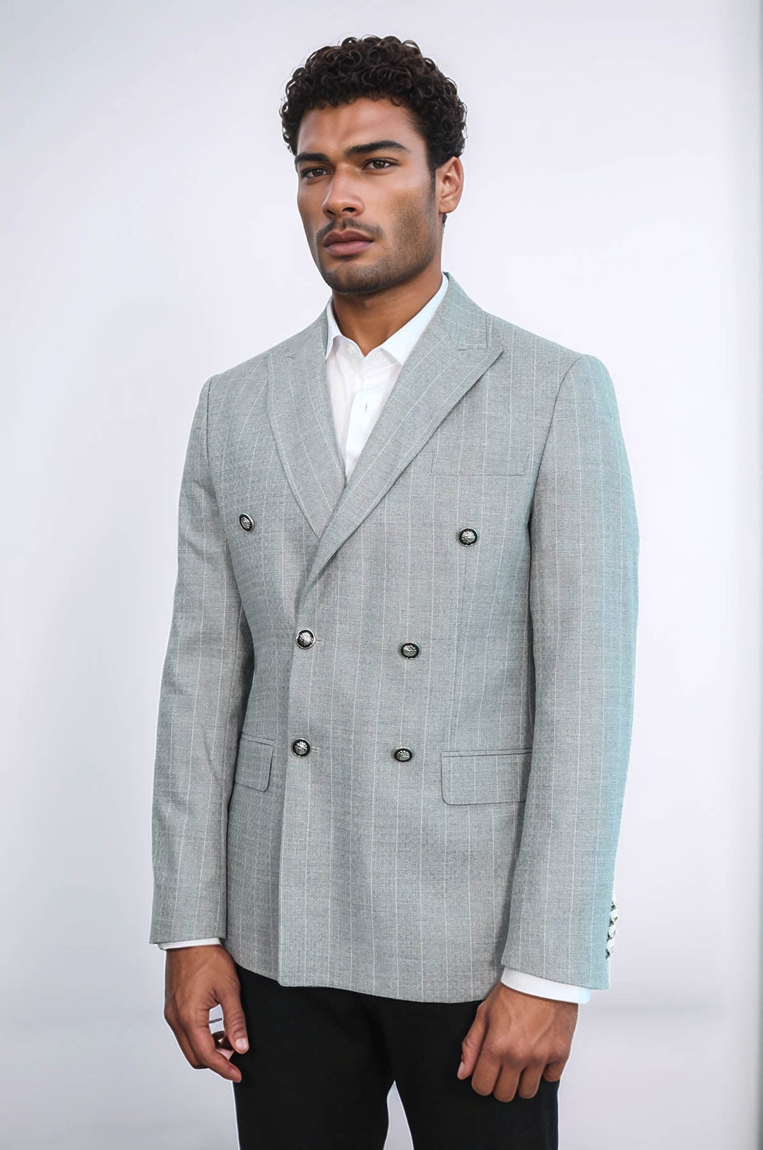 Blazer de rayas gris de corte entallado y cruzado para hombre - Wessi