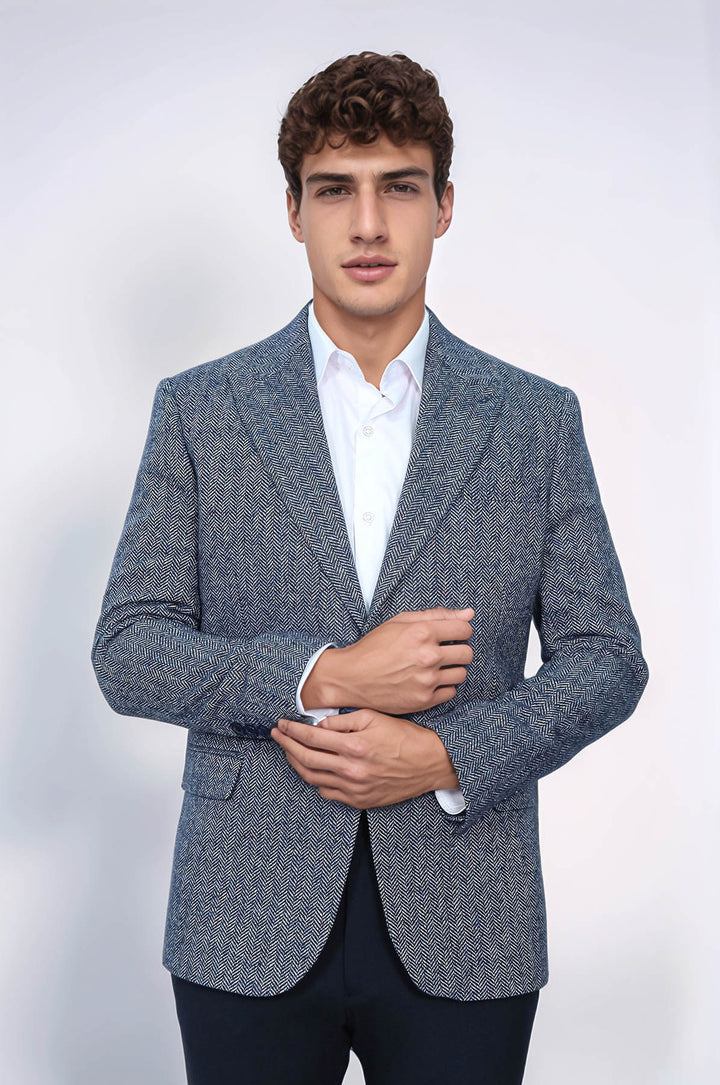 Blazer de hombre de lana azul con estampado de pata de gallo - Wessi
