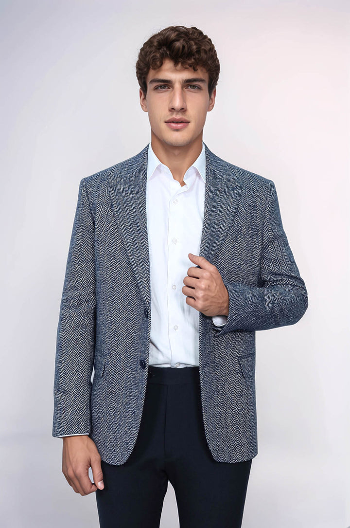 Blazer de hombre de lana azul con estampado de pata de gallo - Wessi