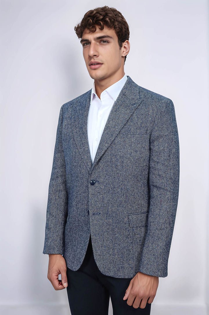 Blazer de hombre de lana azul con estampado de pata de gallo - Wessi