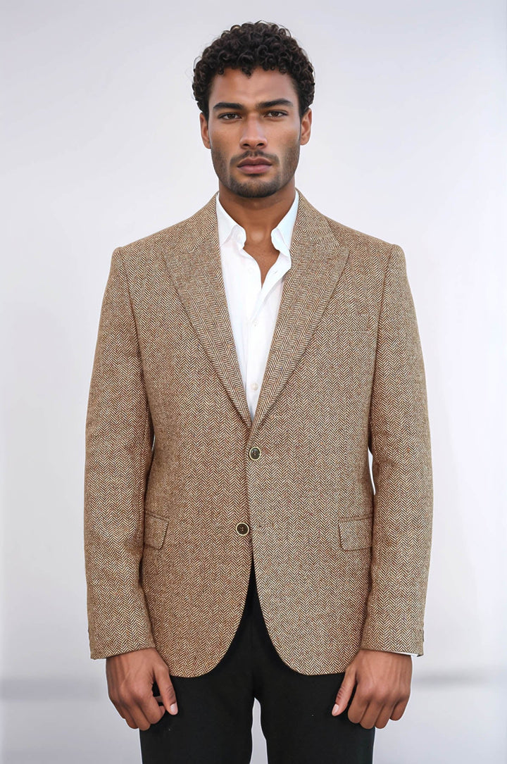 Blazer de hombre en color marrón claro de lana con estampado de pata de gallo - Wessi