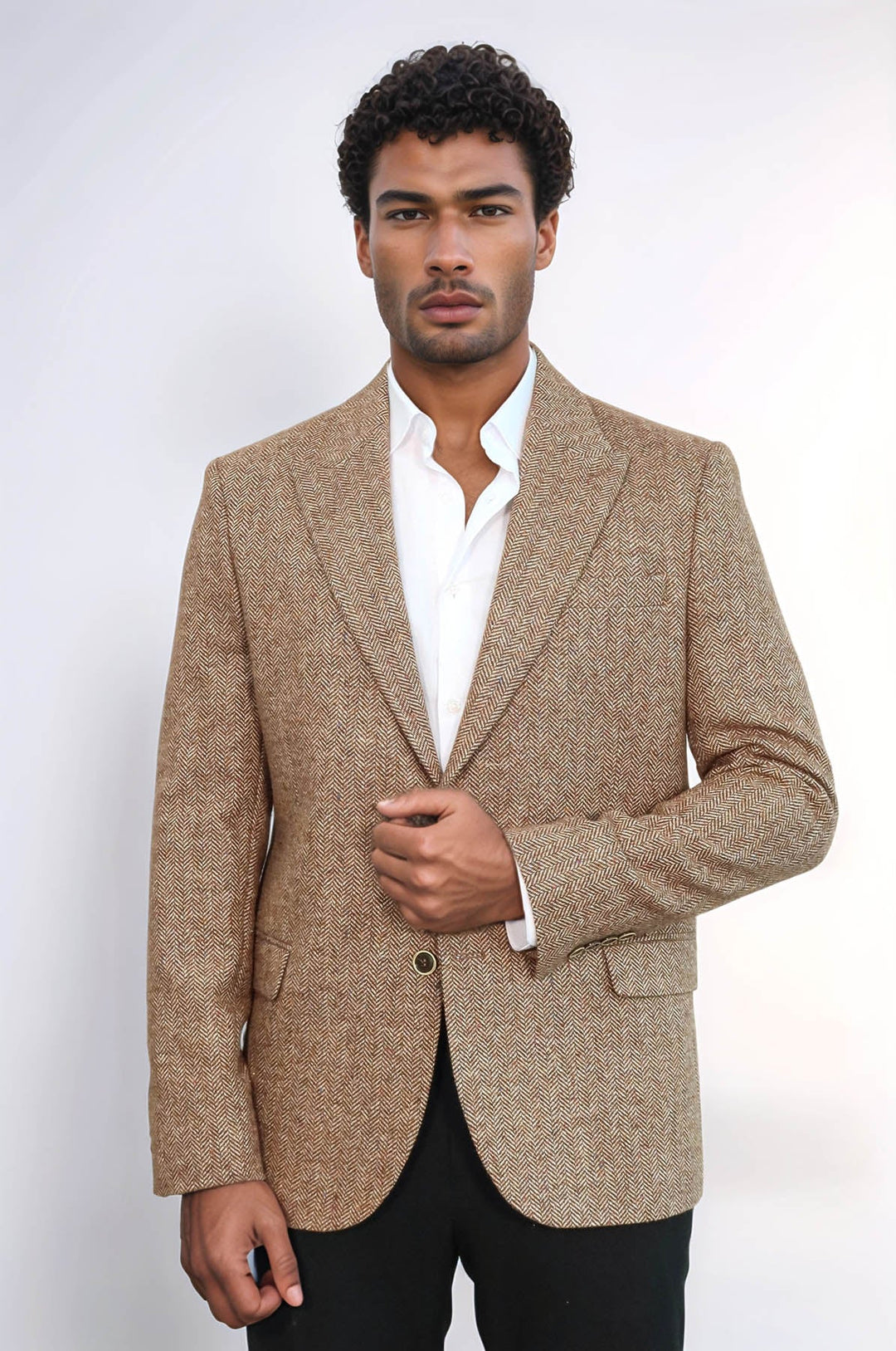 Blazer de hombre en color marrón claro de lana con estampado de pata de gallo - Wessi